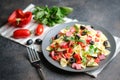 Traditional salad with pasta farfalle, ham, pepper and herbs Royalty Free Stock Photo