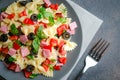 Traditional salad with pasta farfalle, ham, pepper and herbs Royalty Free Stock Photo