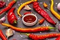 Traditional sauce Sriracha with ingredients Royalty Free Stock Photo