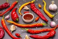 Traditional sauce Sriracha with ingredients Royalty Free Stock Photo