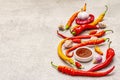 Traditional sauce Sriracha with ingredients Royalty Free Stock Photo