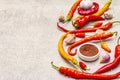 Traditional sauce Sriracha with ingredients Royalty Free Stock Photo