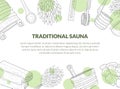 Traditional Sauna Poster, Banner with Place for Text and Hand Drawn Bath Accessories, Birch Broom, Bucket, Towel, Brush