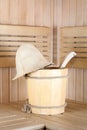 Traditional sauna for relaxation with bucket of water Royalty Free Stock Photo