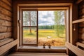 traditional sauna room interior with a window landscape view