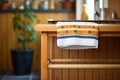 traditional sauna towel on wooden bench