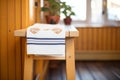 traditional sauna towel on wooden bench
