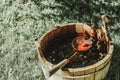 Traditional Sauna with Water Bucket and Ladle on backgorund of grass and birch tree