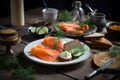 A traditional, Scandinavian breakfast spread, with an array of smoked salmon, pickled herring, crispbreads, and sliced cucumbers, Royalty Free Stock Photo