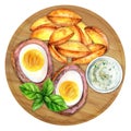 Traditional Scottish eggs with potatoes watercolor Royalty Free Stock Photo