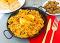 Paella in frying pan Royalty Free Stock Photo