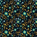 Traditional seamless pattern with flowers and leaves in turquoise and yellow, elegant floral background, great for fashion print,