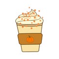 Traditional seasonal fall and Halloween beverage pumpkin spice latte in paper cup with whipped cream and sugar sprinkles