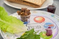 Traditional Seder plate on Passover Jewish Holiday