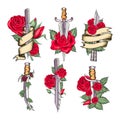 Traditional set tattoo with rose flowers and dagger knife.