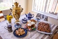Traditional setup for Russian tea ceremony with samovar