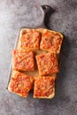 Traditional sfincione or Sicilian-style pizza with a homemade yeast crust and tomato onion sauce, cheese, and anchovies on top Royalty Free Stock Photo