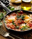 Traditional shakshuka dish served in a cast iron pan on wooden table