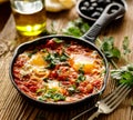 Traditional shakshuka dish served in a cast iron pan on wooden table