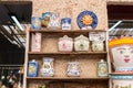 Traditional Sicilian handmade ceramic pottery products in typical souvenir shop in the historic center of Erici, Sicily Royalty Free Stock Photo