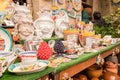 Traditional Sicilian handmade ceramic pottery products in typical souvenir shop in the historic center of Erici, Sicily Royalty Free Stock Photo