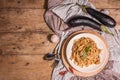 Traditional Sicilian pasta dish of sauteed eggplant topped with tomato sauce Royalty Free Stock Photo