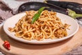 Traditional Sicilian pasta dish of sauteed eggplant topped with tomato sauce Royalty Free Stock Photo