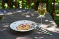 Spagetti Carbonara and glass of white wine. Royalty Free Stock Photo