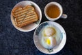 Traditional Singapore and Malaysia Breakfast Set of Eggs, Kaya Butter Toast and Coffee