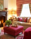 Traditional sitting room decor, interior design, red pink living room furniture, sofa and home decor in English country Royalty Free Stock Photo