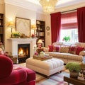 Traditional sitting room decor, interior design, red pink living room furniture, sofa and home decor in English country Royalty Free Stock Photo