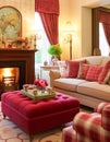 Traditional sitting room decor, interior design, red pink living room furniture, sofa and home decor in English country Royalty Free Stock Photo