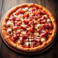 traditional slice closeup round pizza with mozzarella and mushroom, tomatoes, meat, and sauce. ai generated