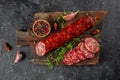 Traditional slice salami sausage with spices on a wooden board. banner, menu, recipe place for text, top view
