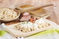 Traditional slovak eating, bryndzove halusky. Royalty Free Stock Photo