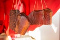 Traditional Slovak Smoked Bacon Slanina Hanging From the Top