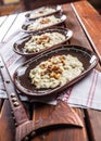 Traditional slovakian food Halusky with fried bacon and decorati Royalty Free Stock Photo