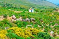 Traditional small Greek church and red roof Greece