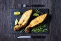 Traditional smoked halibut fish steaks with lime Royalty Free Stock Photo