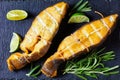 Traditional smoked halibut fish steaks with lime Royalty Free Stock Photo