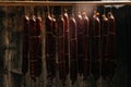 Traditional smokehouse. Traditional food. Smoked sausages meat. Sausages smoke in a smokehouse. Long banner format