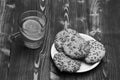 Traditional snack for tea time. Drink and homemade goods concept. Cookie made of oatmeal