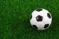 Traditional soccer ball on soccer field. Football ball on green grass stadium football field, game, sport. Background Royalty Free Stock Photo