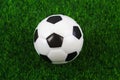 Traditional soccer ball on soccer field. Football ball on green grass stadium football field, game, sport. Background for design Royalty Free Stock Photo