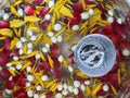 Traditional Songkran or Thai New Year festival, Water with rose, jasmine and marigold petal in bowl for watering to elder