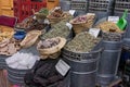 Herb shop in famous old medina in marrakesh, morocco Royalty Free Stock Photo