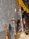 Traditional south indian brass oil lamp or Nilavilakku. During events like housewarming  marriage etc.  the Nilavilakku is lighted Royalty Free Stock Photo