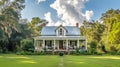 Traditional Southern Home with clouds and grass