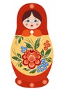 Traditional souvenir Russian floral folk matryoshka doll, Gorodets painting stylization. Birds and flowers, matryoshka babushka. Royalty Free Stock Photo