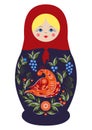 Traditional Souvenir Russian Floral Folk Matryoshka Doll, Gorodets Painting Stylization. Birds And Flowers, Matryoshka Babushka.